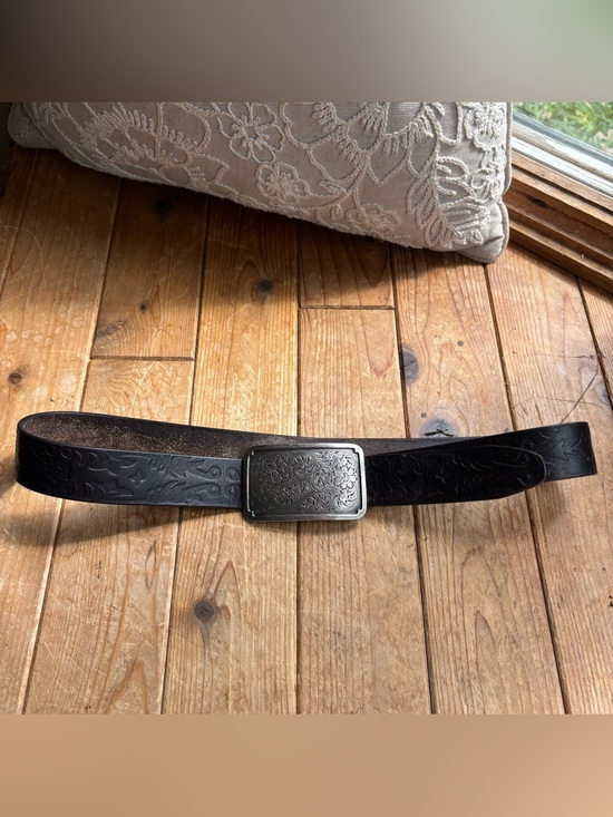 Fossil Black Tooled Leather Belt with Engraved Buckle main image 5